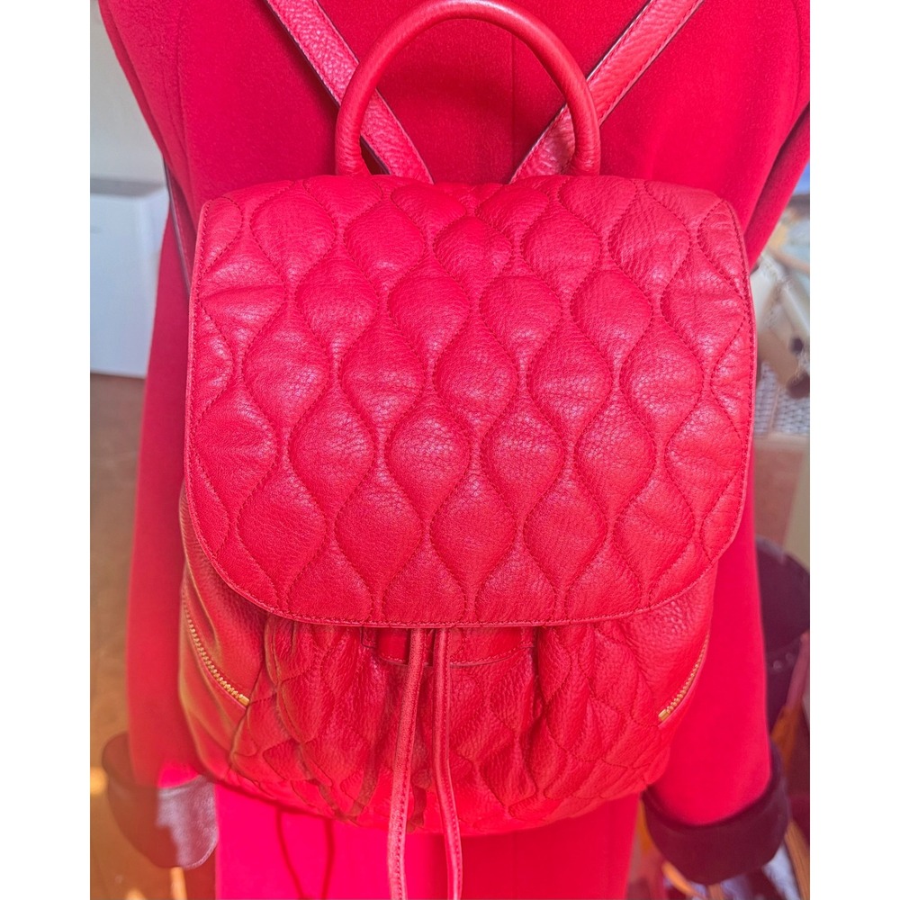 Vera Bradley Red Quilted Leather Backpack Drawstring Gold Hardware Floral Lining
